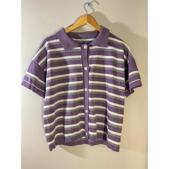 Vtg Style Striped Knit Matching Set | Purple Perforated Polo & Shorts (Size M) - Picture 2 of 6